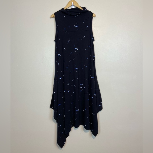 Snapdragon & Twig Sleeveless Handkerchief Hem Midi Dress Black Galaxy Print - Picture 2 of 7